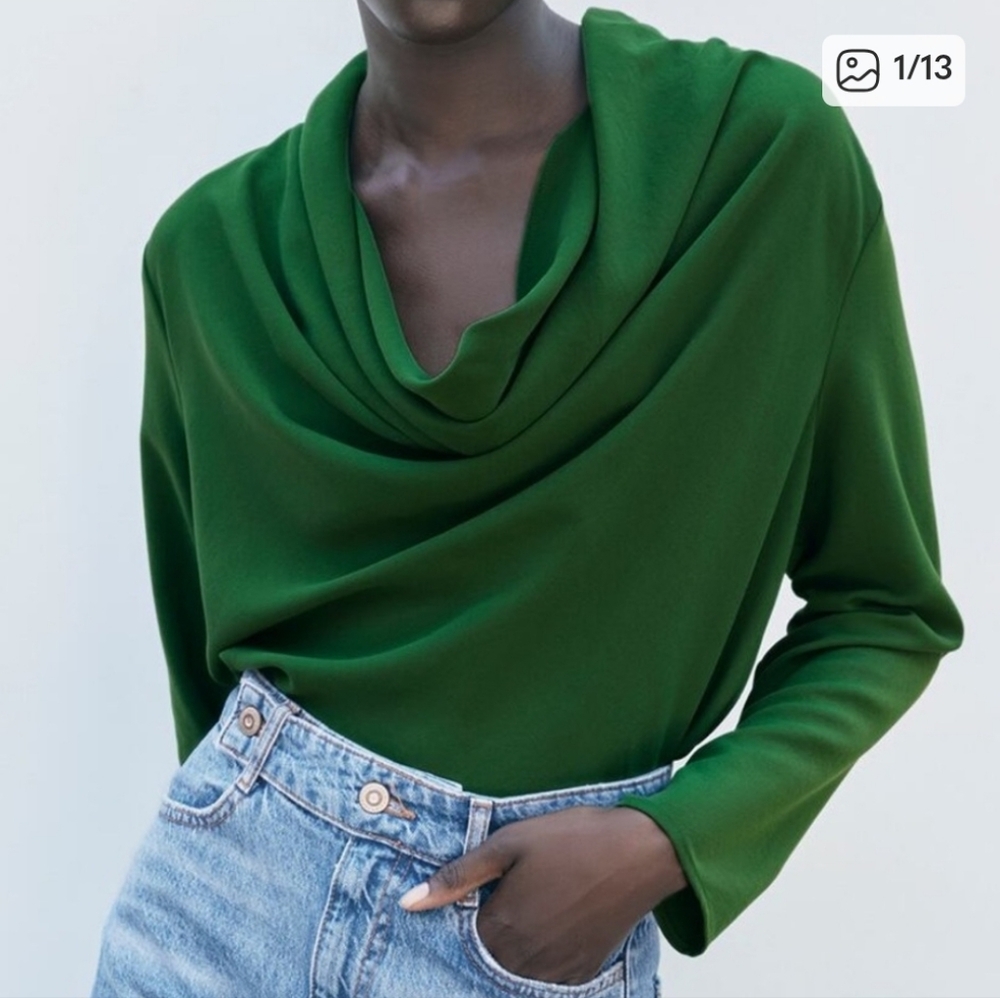 ZARA KELLY GREEN COWL FLOWY NECKLINE LONG SLEEVE BLOUSE